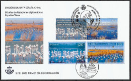 RARE 2023 Joint Spain And China  MIXED FDC SPAIN WITH 2+2 STAMPS: Flamingos And Lakes - Gezamelijke Uitgaven