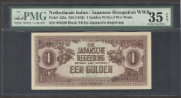 Netherlands Indies Japanese Occ 1 Gulden SB 094028 P-123a 1942 PMG 35EPQ Rare - Indonésie