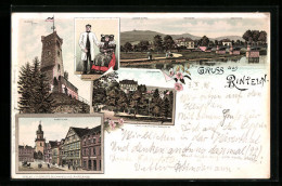 Lithographie Rinteln, Arensburg, Klippen-Turm, Marktplatz  - Rinteln