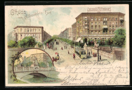 Lithographie Berlin-Tiergarten, Hotel Albrechtshof Mit Strassenbahn, Herkules-Brücke  - Tiergarten