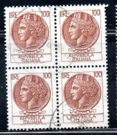 ITALIA REPUBBLICA ITALY REPUBLIC 1968 1976 SIRACUSANA TURRITA STELLE STARS LIRE 100 QUARTINA USATA BLOCK USED OBLITERE' - 1961-70: Used