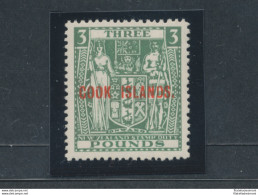 1936-44 COOK ISLANDS, Stanley Gibbons N. 123b- 3 £ GREEN - Francobollo Di New Zealand Soprastampato Cook Islands. - MNH - Andere & Zonder Classificatie
