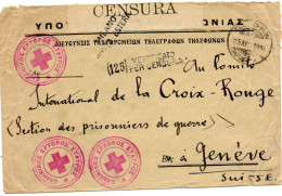 GRECE.1916. CROIX-ROUGE HELLENIQUE POUR A.I.P.G.GENEVE (SUISSE).CENSURE. - Postembleem & Poststempel
