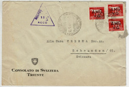 Italien Triest 1947, Brief Konsulat / Consolato Trieste - Schwanden (Schweiz), Zensur / Censor, Mehrfachfrankatur - Autres & Non Classés