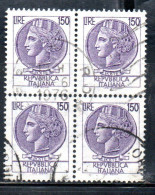 ITALIA REPUBBLICA ITALY REPUBLIC 1968 - 1976 SIRACUSANA TURRITA STELLE STARS LIRE 150 QUARTINA USATA BLOCK USED OBLITERE - 1961-70: Oblitérés