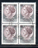 ITALIA REPUBBLICA ITALY REPUBLIC 1968 1976 1971 SIRACUSANA TURRITA STELLE STARS LIRE 180 QUARTINA USATA BLOCK USED OBLIT - 1961-70: Used