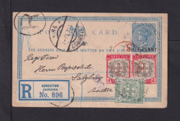1910 - 1/2 P. Überdruck-Ganzsache Mit Zufrankatur Als Einschreiben Ab Kingston Nach Salzburg - US-Schiffspost-Stempel - Jamaica (...-1961)