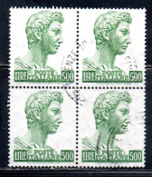 ITALIA ITALY 1957-1974 1970 S. SAN GIORGIO DI DONATELLO DENT. 14x13 1/4 FLUORESCENTE LIRE 500 QUARTINA BLOCK USATO USED - 1961-70: Usados