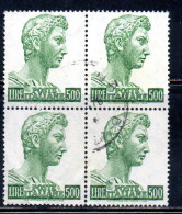 ITALIA ITALY1957-1974 1965S.SAN GIORGIO DI DONATELLO DENT. 14x13 1/4 NON FLUORESCENTE LIRE 500 QUARTINA BLOCK USATO USED - 1961-70: Oblitérés