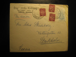 FUNCHAL 1951 To Stockholm Sweden 4 Stamp On Air Mail Lisboa Reverse Cancel Cover Portuguese Area Madeira Portugal - Funchal