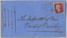 Great Britain 1869 Cover Thornhill Moniaive Paisley Stamp Penny Red Perforate Corner Letter JT Queen Victoria Plate 122 - Covers & Documents