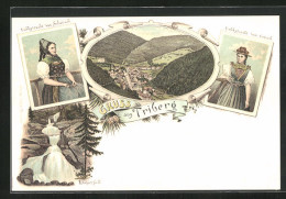 Lithographie Triberg, Wasserfall, Volkstracht Von Schonach, Volkstracht Von Gutach  - Triberg