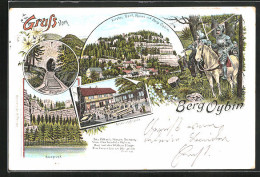 Lithographie Oybin, Kirche, Gesellschaftsplatz Mit Gartenwirtschaft, Dorf, Ruine Und Berg Oybin, Burgtor  - Oybin