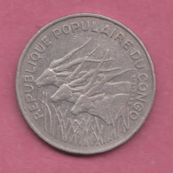 Congo Brazzaville, 1975- 100 Francs- Nickel- Obverse  Three Giant Elands. Reverse Denomination. BB. VF. TTB. SS - Congo (Republic 1960)