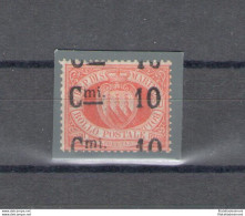 1892 SAN MARINO, N. 10, 10 Cent Su 20 Cent Rosso - Tripla Soprastampa - Certificato Cilio - MLH* - Non Catalogato - Plaatfouten En Curiosa