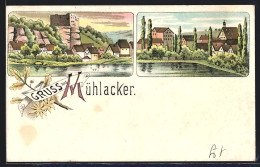 Lithographie Mühlacker, Teilansicht Mit Runie, Ortspartie  - Mühlacker