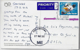2013 Postcard From Finland To São José Brazil Misdirected To Criciuma Stamp World Championship Ice Hockey Mascot - Lettres & Documents