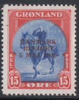 Greenland 1945 15 Ǿre Danmark Befriet Issue 1 Value. MNH King Christian On Horseback - Unused Stamps