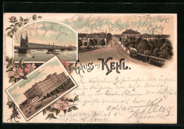 Lithographie Kehl, Grossherzog Friedrich-Kaserne, Brücke, Ortsansicht  - Kehl