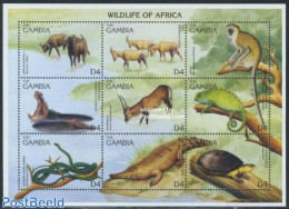 Gambia 1996 Animals 9v M/s, Mint NH, Nature - Animals (others & Mixed) - Crocodiles - Hippopotamus - Monkeys - Reptile.. - Gambia (...-1964)