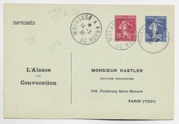 SEMEUSE 10C +5C ROSE CARTE CONVOCATION AMBULANT MULHOUSE A KRUTH  2° 14.3.36  COTE 60€ - Railway Post