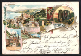 Lithographie Bacharach, Werner-Kapelle, Strassenpartie, Panorama  - Bacharach