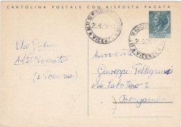 ITALIA - REPUBBLICA - ALTRE DIMONTECCHIO MAGGIORE (VI) - CARTOLINA POSTALE L. 20 RISPOSTA PAGATA - VG. PER BERGAMO -1956 - Interi Postali