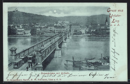 Mondschein-AK Urfahr /Linz A. D. D., Donaubrücke Mit Strassenbahn Und Dampfer  - Other & Unclassified