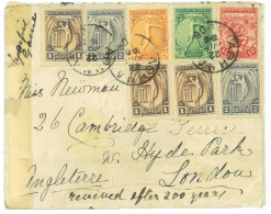 P3425 - 0 , 22.4.1906 SMALL COVER TO ENGLAND. FROM ATHENS, 25 LEPTA RATE, 8 STAMPS, 5 COLOR, IMPRESSIVE, UNIQUE!!!!!! - Sommer 1896: Athen