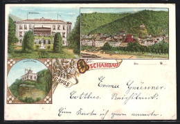 Lithographie Schandau, Badhotel, Schloss-Bastei, Teilansicht  - Bastei (sächs. Schweiz)