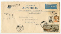 Russia 1953 Airmail Cover; Moscow - Hotel Metropol To Toronto, Canada; 1r. Peter I Statue; 10k. Peasant & 30k. Scientist - Covers & Documents