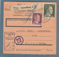 PAKETKARTE VON SUNNEN-HIMBERT MÜHLENBAU UND INDUSTRIEBETRIEB IN LUXEMBURG AN IDEAL  LEDERWERKE A.G. WILZ, 1944. - 1940-1944 German Occupation