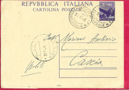 INTERO CARTOLINA POSTALE DEMOCRATICA LIRE 8 (INT.134) DA "ANCONA*30.7.48*/(SUCCURSALE N. 3)" PER CASCIA - Entiers Postaux