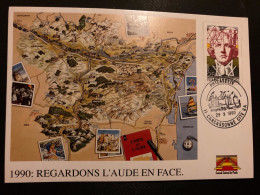 CP REGARDONS L'AUDE EN FACE TP GREGOIRE 2,50 OBL.29 X 1990 11 CARCASSONNE CITE GA PHILATELIE (GUICHET ANNEXE) - Cachets Commémoratifs