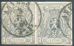 N°22(2) - PETIT LIONS 1 Centime Gris (2 Exemplaires Formant Une Paire Sur Fragment), TB Margés, Obl. Dc ANVERS P.P. 23 . - 1866-1867 Blasón