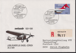 1981 Schweiz, R-Brief, Jubiläumsflug Basel-Zürich, Zum:CH 653, Mi:CH 1195, Swissair - Eerste Vluchten