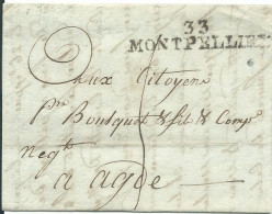 FRANCE MARQUE 33 MONTPELLIER POUR AGDE ( HERAULT ) DE 1795 LETTRE COVER - 1701-1800: Précurseurs XVIII