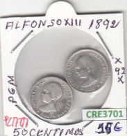 CRE3701 LOTE MONEDAS ESPAÑA 50 CENTIMOS ALFONSO XIII 1892 *92 PGM PLATA - Otros & Sin Clasificación