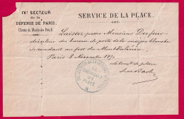 SIEGE DE PARIS LAISSER PASSE DU DIRECTEUR DES POSTES DE MAISON BLANCHE POUR MONT VALERIEN 8 11 1870 LE COMMANDANT DE PLA - Krieg 1870