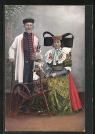 AK Junges Paar Am Spinnrad In Tracht Schaumburg-Lippe  - Costumes