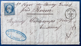 Lettre Napoleon Présidence N°10 25c Bleu Oblitéré PC 3432 + Dateur T15 " TROYES " Pour St Leger Du Bourg Denis - 1852 Luigi-Napoleone