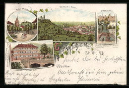 Lithographie Weinheim, Gasthof Pfälzer Hof, Ortsansicht Von Osten, Rother Thurm  - Weinheim