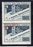 1943 San Marino, N. 239b Coppia Di Cui Uno Senza Soprastampa - MNH** VARIETA' - Abarten Und Kuriositäten