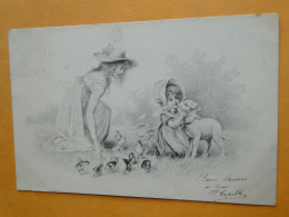 Illustrateur M. M. VIENNE -- Femme, Enfant, Agneau Et Poussins - Carte " Précurseur " 1904 - Vienne