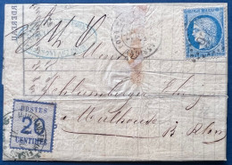 Lettre Mixte N°60I 25c Bleu Oblit GC 978 De CHAUMONT En BASSIGNY Pour MULHOUSE + N°6 Obl Càd Allemand Bleu !! - Covers & Documents