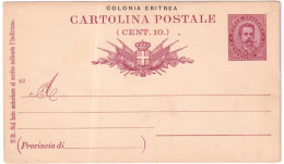1891-Eritrea Cartolina Postale 10c. Millesimo 92 Cat.Filagrano C 2 - Erythrée