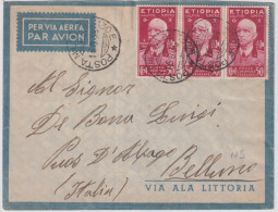 1936-Etiopia Striscia Del 50c. Effigie Di V.E.III Annullo PM 130 E Del 16.8 Manc - Ethiopië