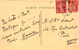Cachet  Ambulant "Aurillac A Paris A 1937" Mixte Blanc Semeuse Cp Bort - Paiement Par MANGOPAY Uniquement - Spoorwegpost