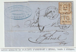 1302p - AVRICOURT  Pour EPINAL Vosges - 18 Aout 71 - 2 X 10 Ctes Alsace + Taxe 2 Décimes - - Krieg 1870