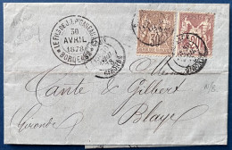 Lettre Sage N/B N°67 & 69 Oblitérés Dateur 30 AVR 1878 (dernier Jour Du Tarif) De Bordeaux Pour BLAYE TTB - 1876-1878 Sage (Typ I)